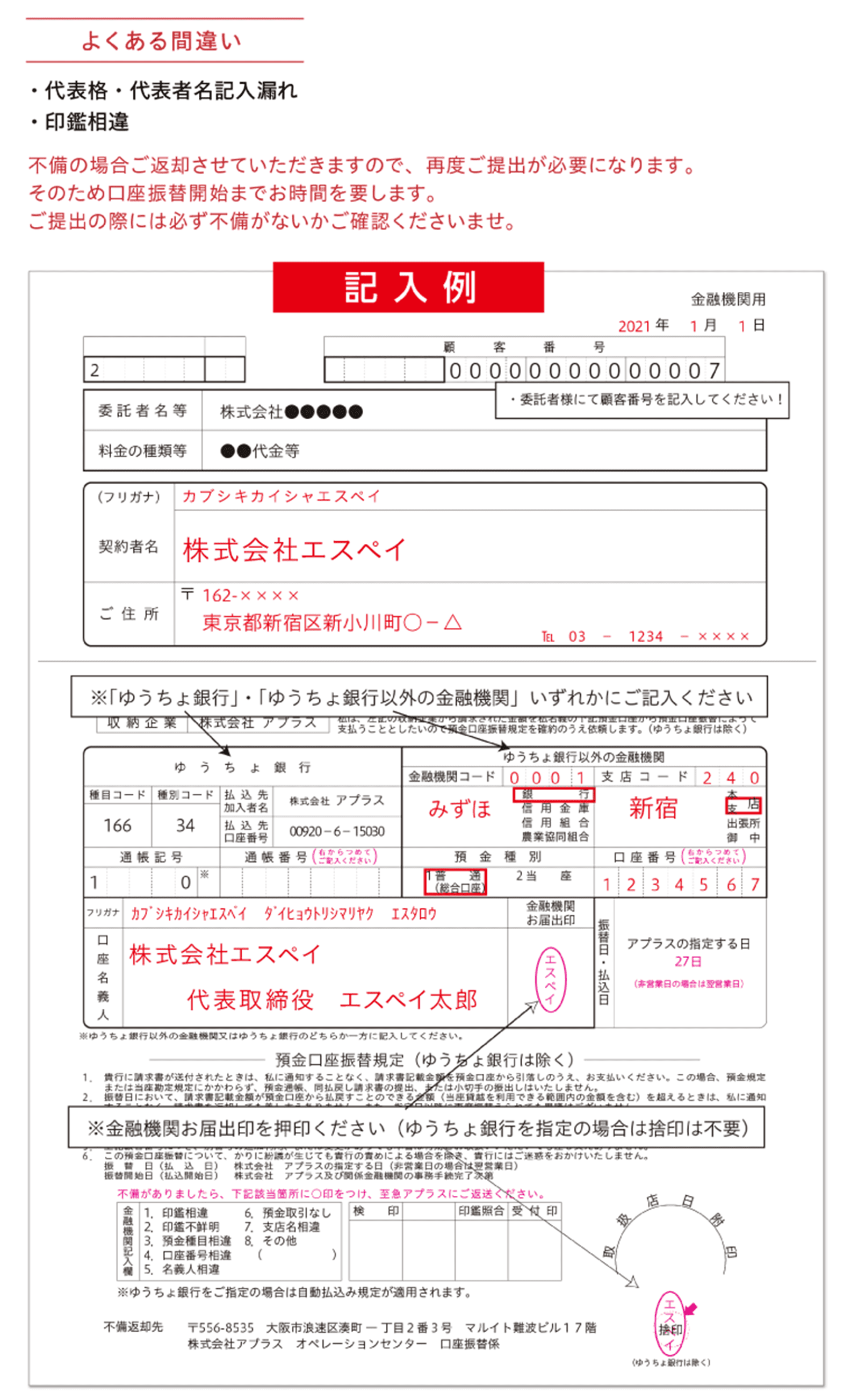 口座振替記入例