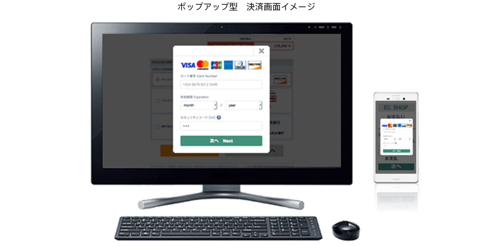 トークン決済ポップアップ型の決済画面（カード情報入力ページ）イメージ