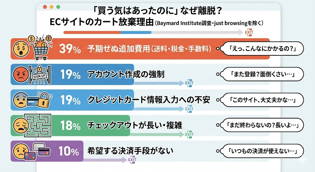ECサイトのカート放棄理由（Baymard Instituteの調査、just browsing除く）